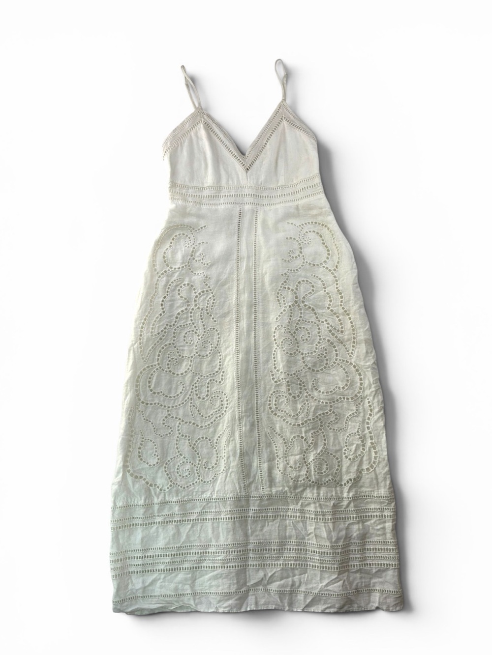 NWT Magaschoni 100% Linen White Eyelet Lace Midi Dress with Spaghetti Straps